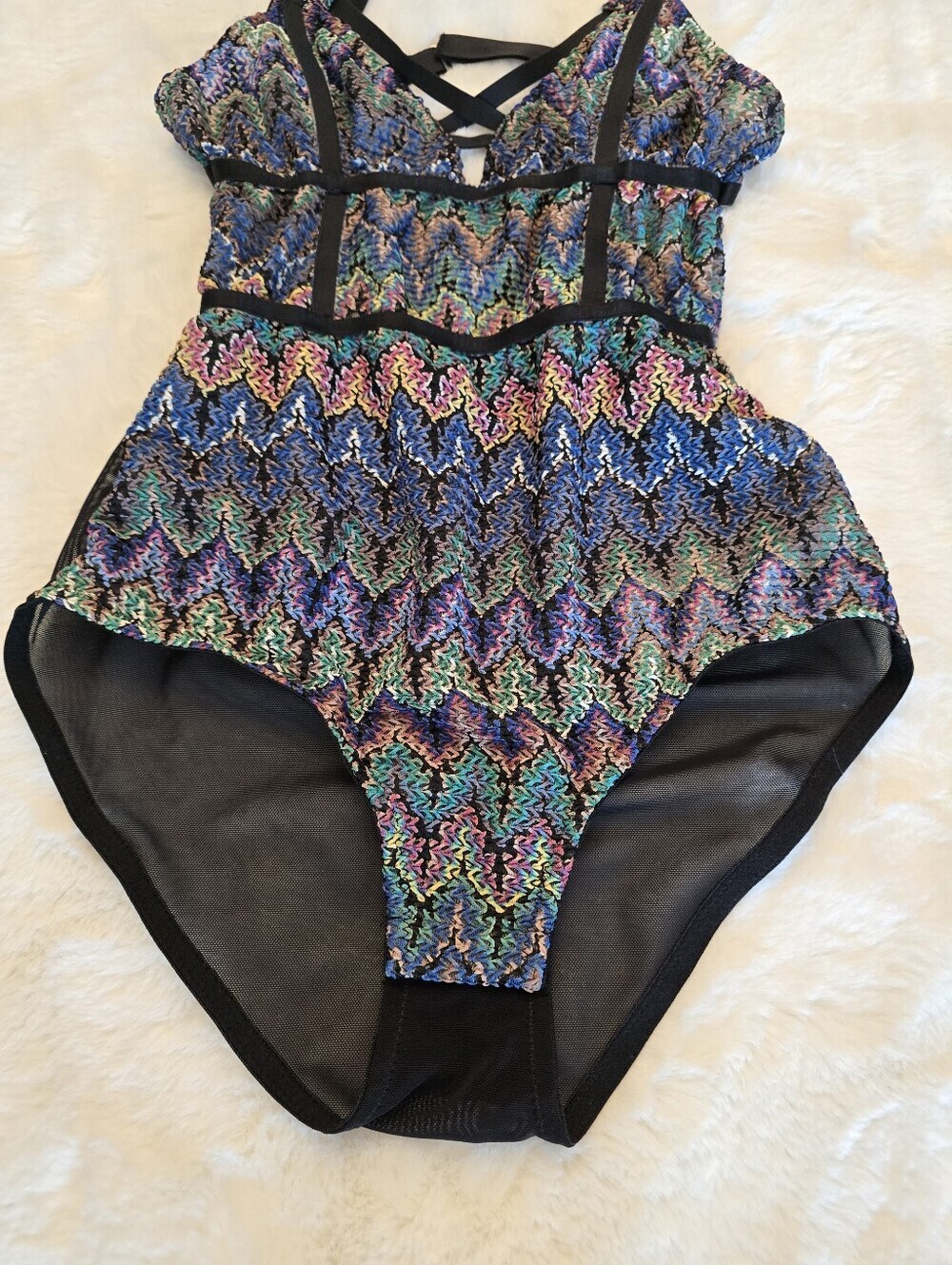 Topshop Multicolor Zigzag Mesh Bodysuit with Black Strappy Trim (NWT) - Picture 5 of 13